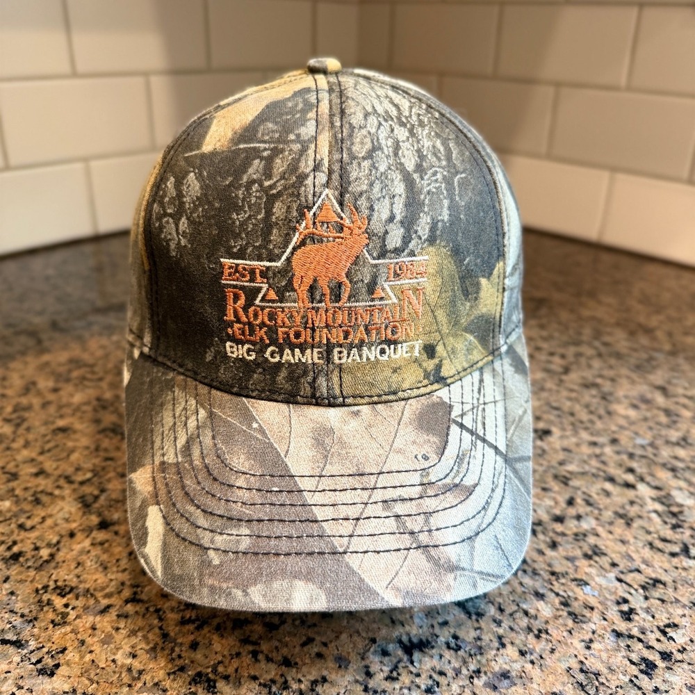 Vtg Rocky Mountain Elk Foundation Camo Baseball Cap Hunting Hat Mens OS